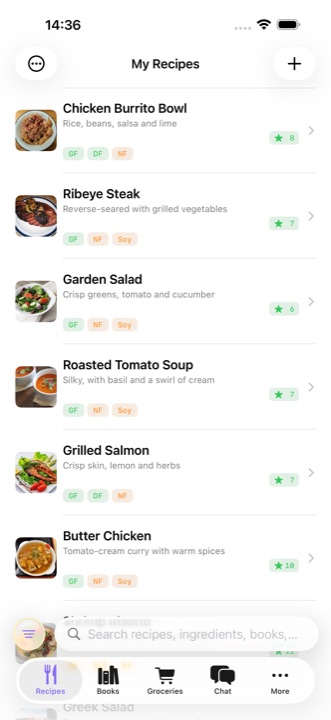 Trawl library screen listing scanned recipes with photos and dietary tags