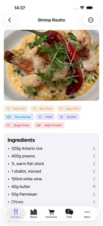 A scanned recipe in Trawl with structured ingredients and steps