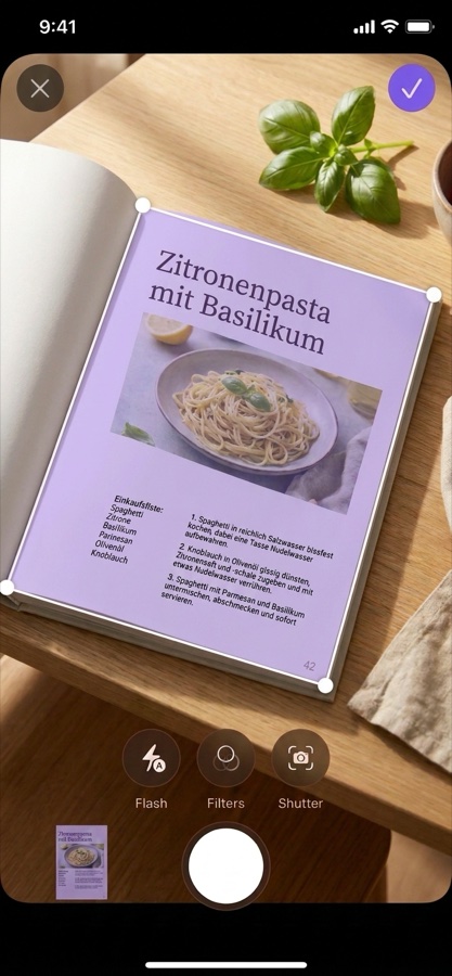 Trawl scanning a cookbook page: the camera view highlights the recipe on the page